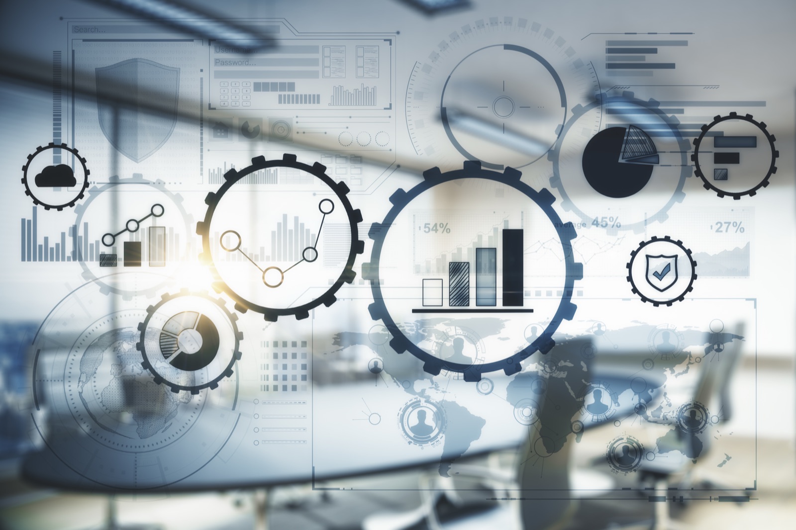 Layered futuristic visualization of gears, charts, and data analytics overlaid on a modern office. The platform powering business growth.